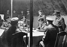 Signing of the partial surrender of the Wehrmacht for north-west Germany, Denmark and the Netherlands on 4 May 1945 in a tent on the Timeloberg near Lüneburg