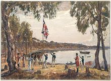 Kapitein Arthur Phillip hijst de Britse vlag in Sydney in 1788.