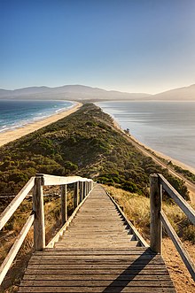 An isthmus of sand (tombolo) connects the northern and southern parts of Bruny Island near Tasmania.