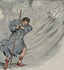 Nesta ilustração de Milo Winter da fábula de Esopo, O Vento Norte e o Sol, um Vento Norte personificado tenta tirar o manto de um viajante.