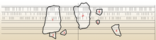 Los Anales Reales de Egipto, mostrando el aspecto que podría tener y las posiciones de las siete piezas. La P es la Piedra de Palermo, los números 1-5 son las piezas de El Cairo y la L es la pieza de Londres.