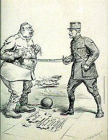 American cartoon on the military threat against Germany: Because Wilson's 14-point plan is allegedly not being adhered to, Marshal Foch adds his saber point as the 15th point