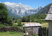In the Northern Albanian Alps near Theth: the mountain peaks Radohima and Arapi