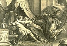 The vengeful goddess Tisiphone wields the torch of madness and empties the jar of poison over the happy royal couple Athamas and Ino. (Copper engraving by Bernard Picart, 18th century)