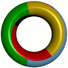 Animation of a torus. The surface is divided into 7 areas with different colors.