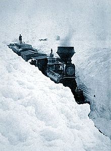 Stuck train during record snowfall in March 1881.