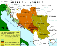 Territories promised to Italy in the Treaty of London (light green) and territories promised to Serbia by the Entente (dark green).