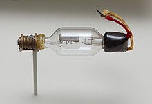One of the first triodes by Lee de Forest (1906). The metal plate on top is the anode, the meandering wire underneath is the control grid. The filament (cathode) was stretched between the four holding wires underneath, but is glowed through.