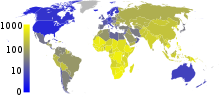 Este mapa mundial muestra la prevalencia de la tuberculosis, por cada 100.000 personas, en 2007. Los países con más casos se muestran en amarillo, los que tienen menos casos se muestran en azul. El mayor número de casos se registró en el África subsahariana, aunque también se produjeron muchos en Asia.  