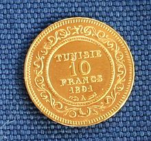 Gold coin of 10 francs from the period of the French protectorate (1891)