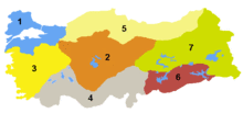 The regions of Turkey: 1 Marmara region, 2 Central Anatolia, 3 Aegean region, 4 Mediterranean region, 5 Black Sea region, 6 Southeastern Anatolia, 7 Eastern Anatolia.