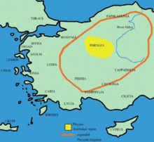 Frygian sijainti - perinteinen alue (keltainen) - laajentunut valtakunta (oranssi viiva).