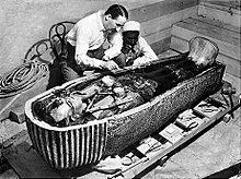 Howard Carter at the opened coffin in the tomb of Tutankhamun