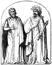 Zwei Druiden, aus einer Publikation von 1845, basierend auf einem in Autun, Frankreich, gefundenen Flachrelief.