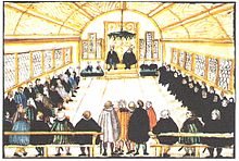 Anabaptist disputation 17 January 1525 in Zurich City Hall. Depiction from the early 17th century