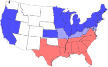 Mapa da divisão dos Estados durante a Guerra Civil. Azul representa os estados da União, incluindo aqueles admitidos durante a guerra; azul claro representa os estados da União que permitiram a escravidão (estados fronteiriços). O vermelho mostra os estados confederados. As áreas sem sombra não eram estados antes ou durante a Guerra Civil.