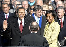 Senator Barack Obama taking the oath of office for the first time as the 44th President of the United States. Obama, like Chief Justice John Roberts, made a few slips of the tongue. To be on the safe side, the oath was repeated on 22 January 2009, this time without a Bible.