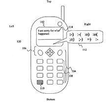 Patentoitu pudotusvalikko puhelimitse lähetettävän tekstiviestin laatimiseen hymiöiden avulla (U.S. patentti 6987991).  