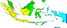 Indonesian aikavyöhykkeet. UTC+7: Länsi-Indonesian aika (WIB) UTC+8: Keski-Indonesian aika (WIT) UTC+9: Itä-Indonesian aika (WITA).  