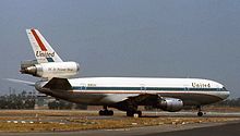 A McDonnell Douglas DC-10 of United Air Lines in the color scheme until 1974