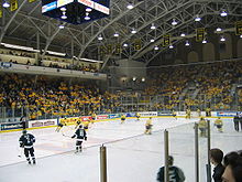 La Universidad Estatal de Ferris jugando al hockey contra la Universidad de Michigan