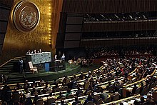 A representative of a UN member state delivers a speech to the General Assembly