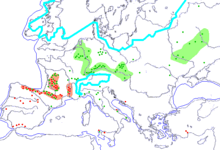 Op deze kaart is aangegeven in welke Europese gebieden artefacten uit het Boven-Paleolithicum zijn gevonden.