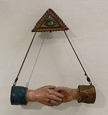 Fraternal hands with eye of God. Masonic symbol, Austria around 1800
