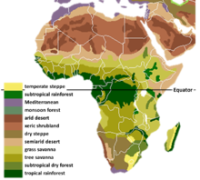 Vegetation areas of Africa: dark green tropical rainforests; reddish: deserts and semi-deserts, lighter shades of green: savannahs; purple: Mediterranean vegetation (for legend see world map vegetation)