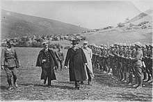 Eleftherios Venizelos, accompanied by Admiral Pavlos Koundouriotis (left) and General Maurice Sarrail (right), inspects Greek troops