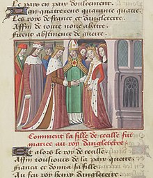 Sňatek Jindřicha VI. a Markéty z Anjou je vyobrazen na této miniatuře z ilustrovaného rukopisu Vigilles de Charles VII od Martiala d'Auvergne.
