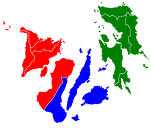 Une carte des Visayas.      Visayas centrales Visayas orientales Visayas occidentales Les principales îles, d'ouest en est, sont Panay, Negros, Cebu, Bohol, Leyte et Samar.