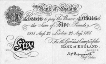 En hvid 5 £-seddel, udstedt i 1935