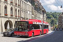 Biogas-powered articulated bus in Bern's Old Town