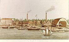 Kolorowa litografia stoczni marynarki wojennej w Waszyngtonie, ok. 1862 r.