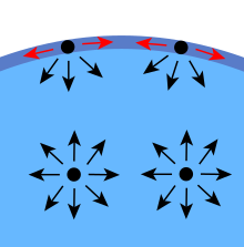 Диаграмма сил, действующих на молекулы в жидкости
