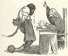 Een cartoon van een rechter (rechts) die een man een straf geeft (links)