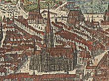 Bird's eye view of St. Stephen's Cathedral from the north by Jacob Hoefnagel (1609). The Magdalenenkapelle, the Leihbahr- Messner- and Cantorhaus and the Heiltumstuhl are visible on the right.