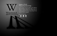 Pagina Wikipedia în limba engleză din 18 ianuarie 2012, care ilustrează întreruperea internațională a activității în opoziție față de SOPA și PIPA.  