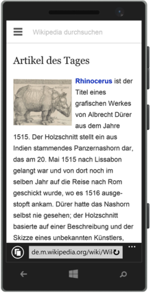 A smartphone shows the main page of the German-language Wikipedia in the mobile version.