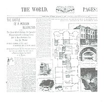 11. August 1895 Joseph Pulitzers "Die Welt" zeigt den Grundriss von Holmes "Murder Castle" und von links nach rechts von oben nach unten Szenen, die darin gefunden wurden - darunter ein Gewölbe, ein Krematorium, eine Falltür im Boden und ein Kalksteingrab mit Knochen