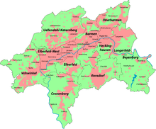 Map of the city of Wuppertal with districts and boroughs