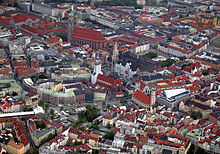 Aerial view of Munich old town with Marienplatz, New Town Hall, Frauenkirche and Viktualienmarkt