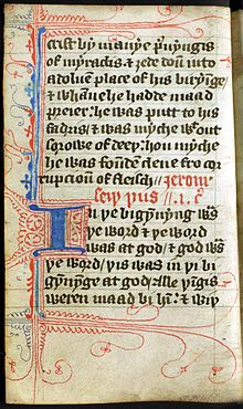 Início do Evangelho de João a partir de uma cópia do século 14 da tradução de Wycliffe