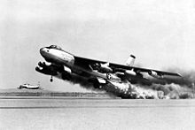 A Boeing XB-47 Stratojet bomber takes off with launch vehicle support (U.S. Air Force)