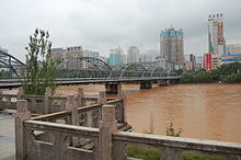 Yellow River in Lanzhou with Zhongshan Bridge