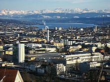 View from Waidberg over Zurich and Lake Zurich to the Alps