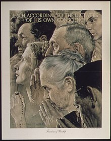 Kebebasan Beribadah , lukisan Norman Rockwell tahun 1943