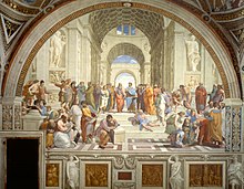 De School van Athene (1509-1511) door Rafaël. Beroemde Griekse filosofen ontmoeten elkaar.