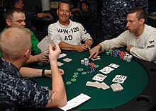 Un match de hold'em au Texas est en cours. Le hold'em est une forme de poker populaire aux États-Unis.